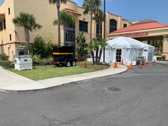 Leesburg Regional is utilizing a 60 kW generator to supply power to a surge tent. Also onsite, 1x20 ton AC & distro for medical equipment. 