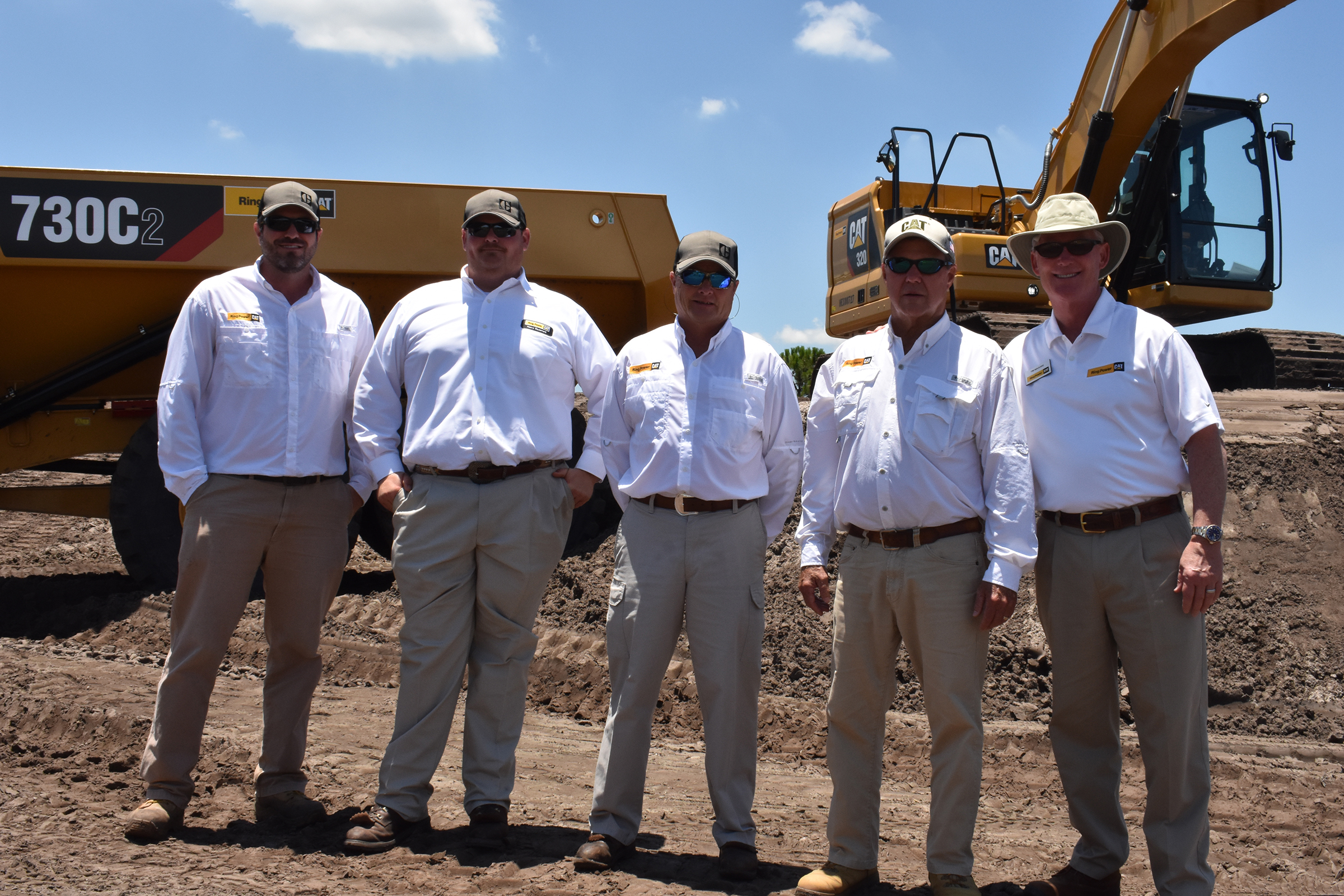 For Ring Power’s team of demo operators, demo-ing equipment is just one part of the job.   Pictured left to right: Blake Conwell, Bryce McGuire, Mike Oster, Curt Loucks, and Tim Maguire (SVP, HE Director of New Sales)