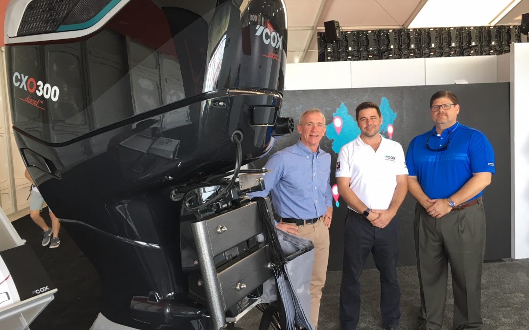 Cox diesel outboard and Ring Power at boat show