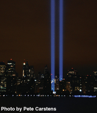 Two beams of light representing the Twin Towers mark the seventh anniversary of the September 11 attacks.
