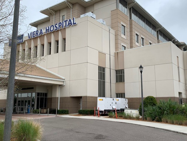 At Health First Viera hospital in Brevard County, 4x120 kW generators are supplying the power required for the AC to create negative pressure for COVID-19 isolation rooms. A 2500-gallon auxiliary fuel cell, and 2x500 gallon auxiliary fuel cells are onsite.