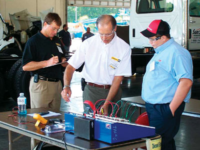 Ring Power Training Instructor Bob Delp explains the electrical fundamentals test objectives to SkillsUSA competitor.